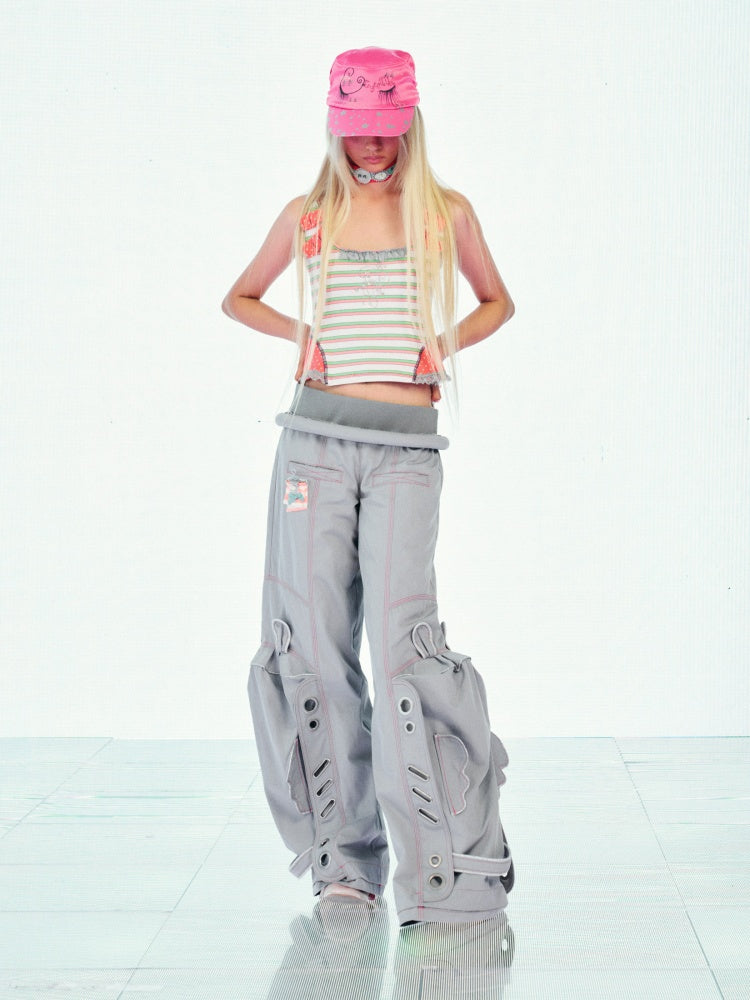 Bear Rhinestone Ear Decoration Orange-Green Striped Lace Backless Hooded Slim Tank Top【s0000017743】