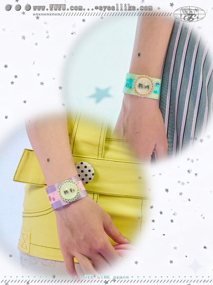 Fun 3D Eyelash Acrylic Round Cover Color-Block Webbing Sequin Bracelet【s0000017744】