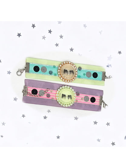Fun 3D Eyelash Acrylic Round Cover Color-Block Webbing Sequin Bracelet【s0000017744】