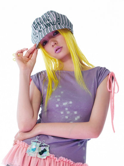 Black Letters Rhinestone Silver Thread Striped Hexagonal Newsboy Painter Beret【s0000017746】