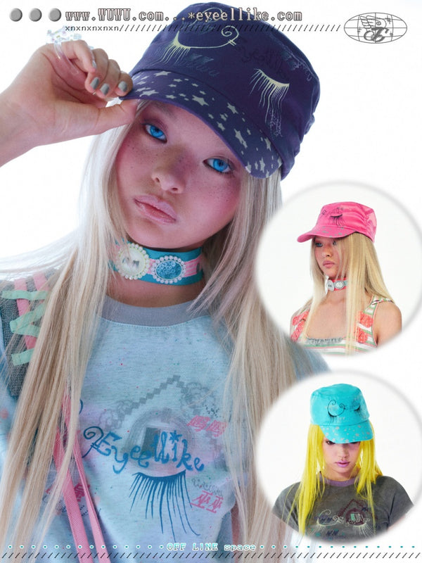 Eyelash Print Sparkling Star Twill Satin All-Season Curved Brim Flat Hat【s0000017747】