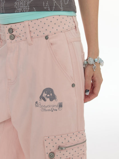 Mist Pink Embroidered Lantern Loose Denim Cropped Pants【s0000017777】