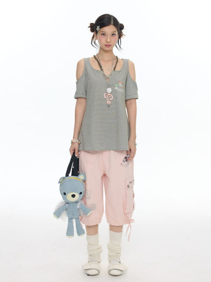 Mist Pink Embroidered Lantern Loose Denim Cropped Pants【s0000017777】