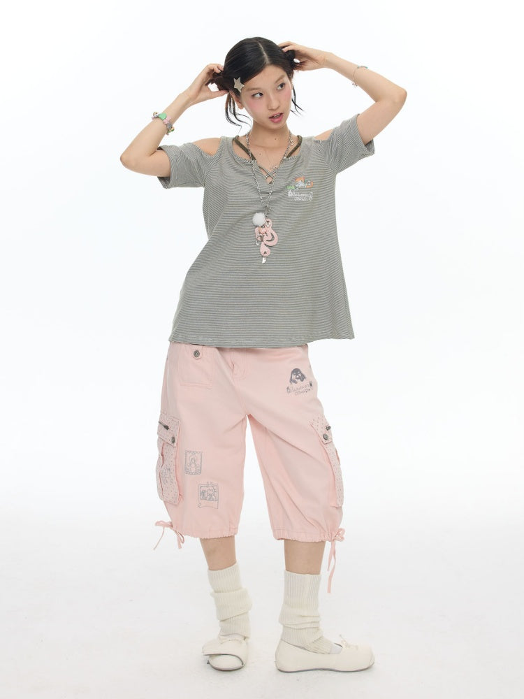 Mist Pink Embroidered Lantern Loose Denim Cropped Pants【s0000017777】