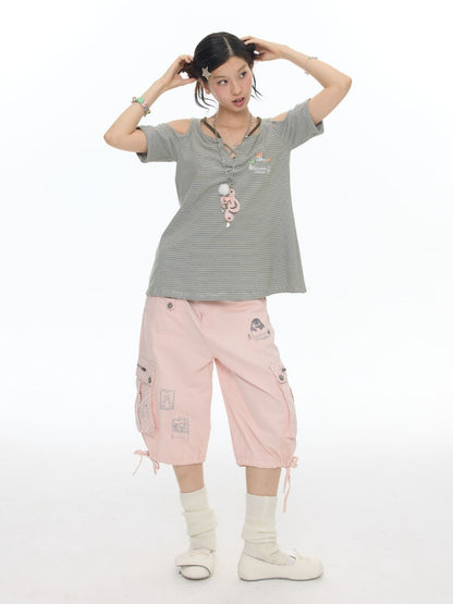 Mist Pink Embroidered Lantern Loose Denim Cropped Pants【s0000017777】