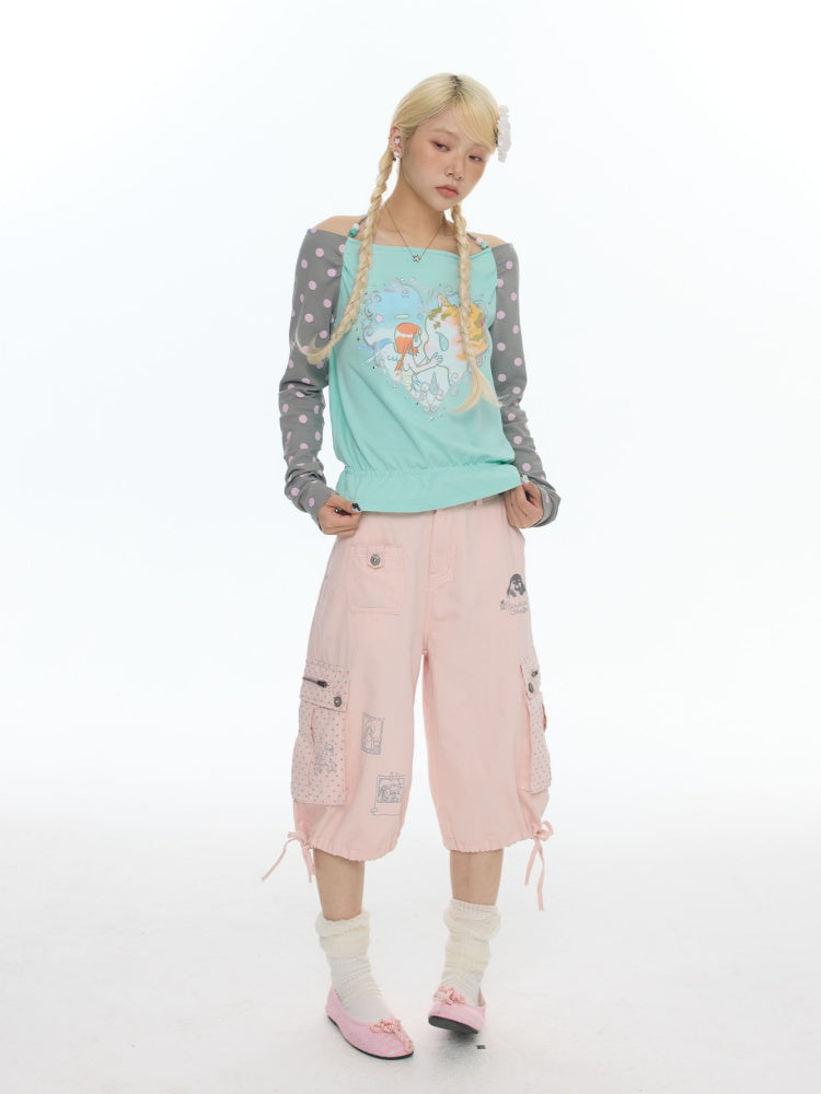 Mist Pink Embroidered Lantern Loose Denim Cropped Pants【s0000017777】