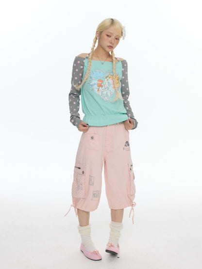 Mist Pink Embroidered Lantern Loose Denim Cropped Pants【s0000017777】