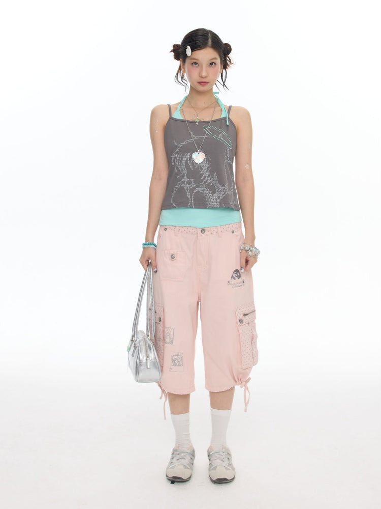 Mist Pink Embroidered Lantern Loose Denim Cropped Pants【s0000017777】