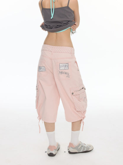 Mist Pink Embroidered Lantern Loose Denim Cropped Pants【s0000017777】