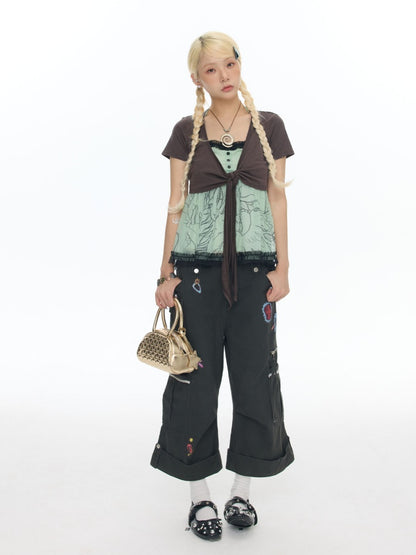 Pleated Lace Camisole Cardigan Two-Piece Set【s0000017778】