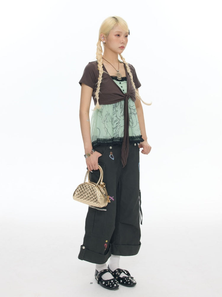 Pleated Lace Camisole Cardigan Two-Piece Set【s0000017778】