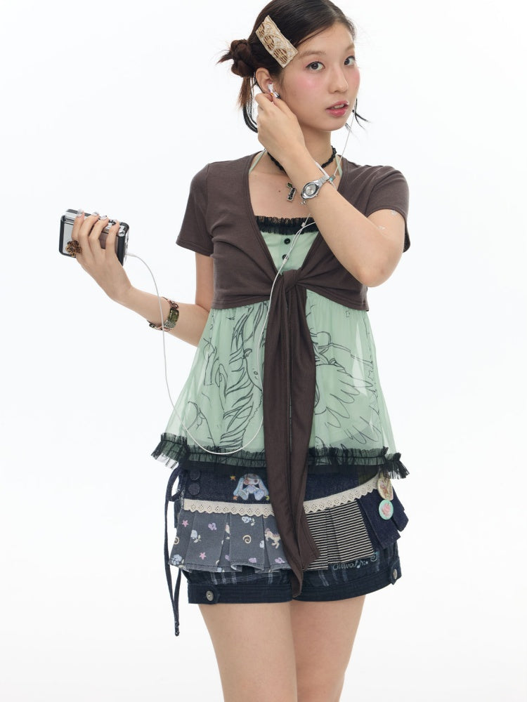 Pleated Lace Camisole Cardigan Two-Piece Set【s0000017778】