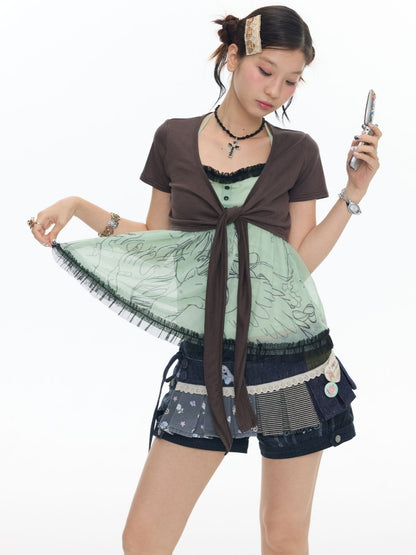 Pleated Lace Camisole Cardigan Two-Piece Set【s0000017778】
