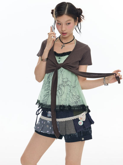 Pleated Lace Camisole Cardigan Two-Piece Set【s0000017778】