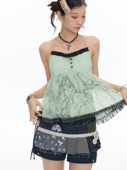 Pleated Lace Camisole Cardigan Two-Piece Set【s0000017778】