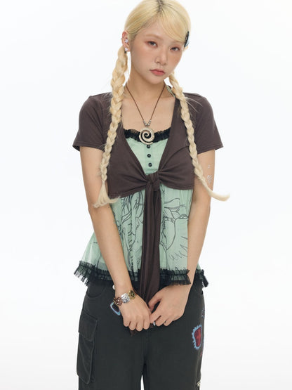 Pleated Lace Camisole Cardigan Two-Piece Set【s0000017778】
