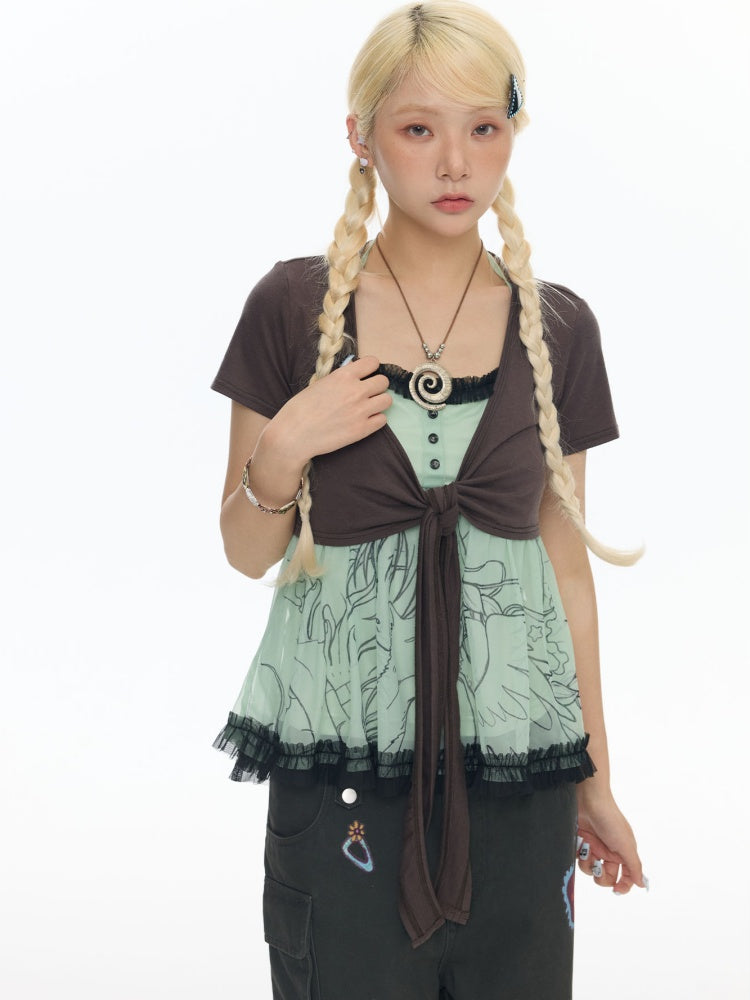 Pleated Lace Camisole Cardigan Two-Piece Set【s0000017778】