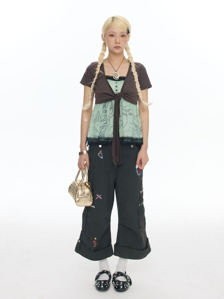 Pleated Lace Camisole Cardigan Two-Piece Set【s0000017778】