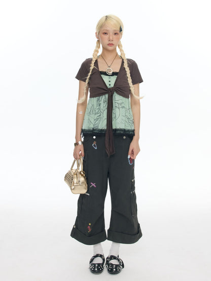 Pleated Lace Camisole Cardigan Two-Piece Set【s0000017778】