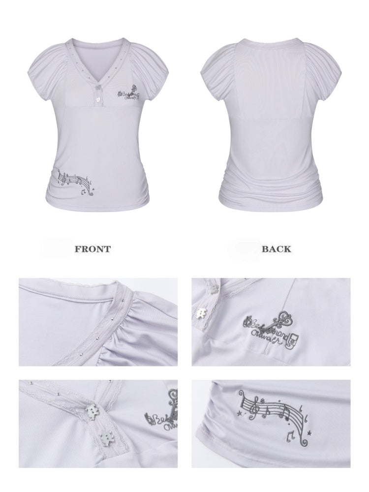 Lace Edge Embroidered Flower Bud Short-Sleeve T-Shirt【s0000017779】