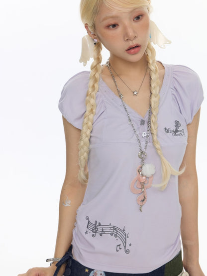 Lace Edge Embroidered Flower Bud Short-Sleeve T-Shirt【s0000017779】