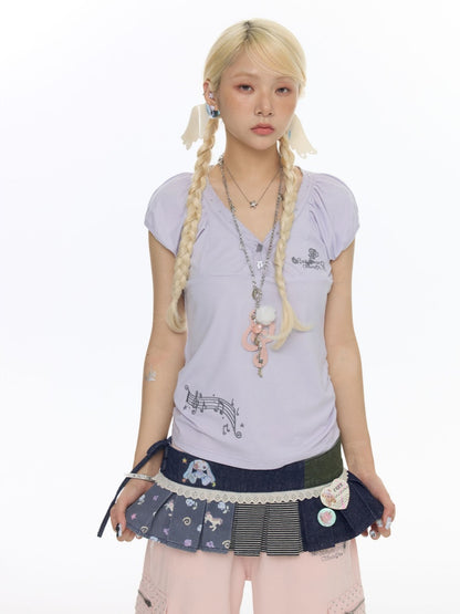 Lace Edge Embroidered Flower Bud Short-Sleeve T-Shirt【s0000017779】