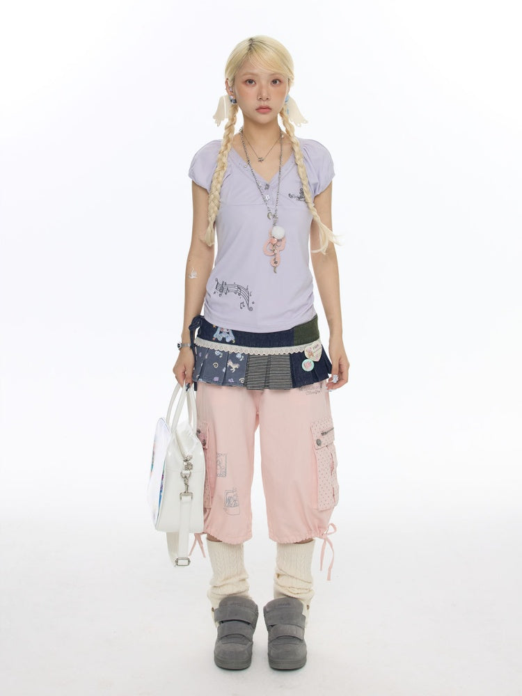 Lace Edge Embroidered Flower Bud Short-Sleeve T-Shirt【s0000017779】