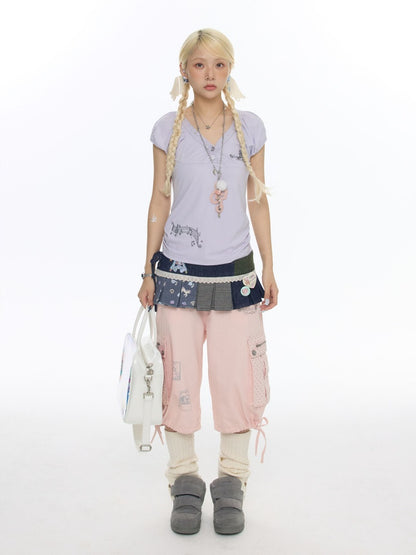 Lace Edge Embroidered Flower Bud Short-Sleeve T-Shirt【s0000017779】