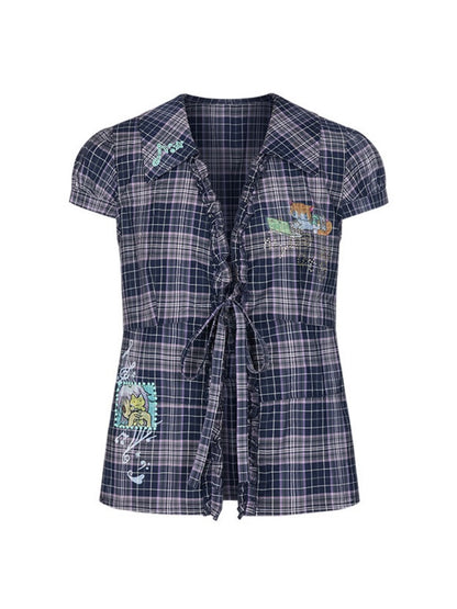 Tie-Up Rhinestone Purple Short Sleeved Gingham Shirt【s0000017780】
