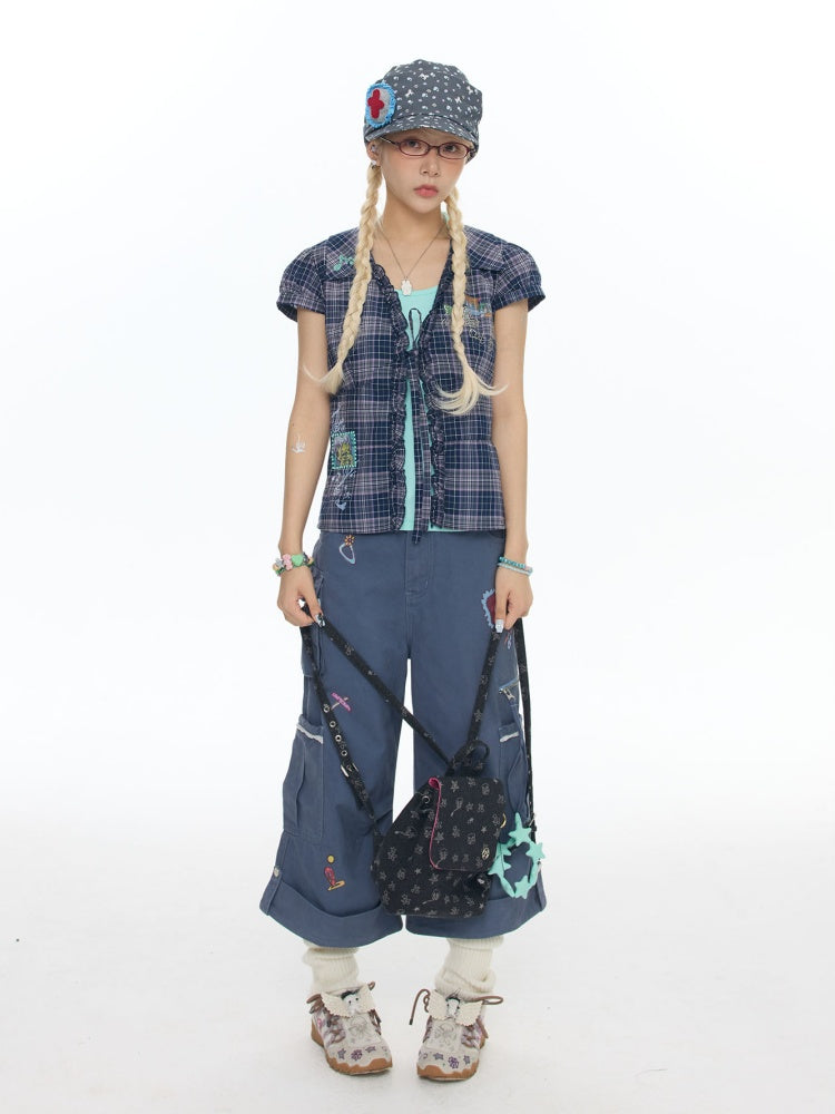 Tie-Up Rhinestone Purple Short Sleeved Gingham Shirt【s0000017780】