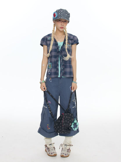 Tie-Up Rhinestone Purple Short Sleeved Gingham Shirt【s0000017780】