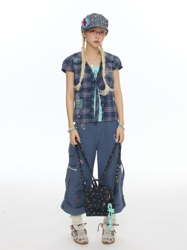Tie-Up Rhinestone Purple Short Sleeved Gingham Shirt【s0000017780】