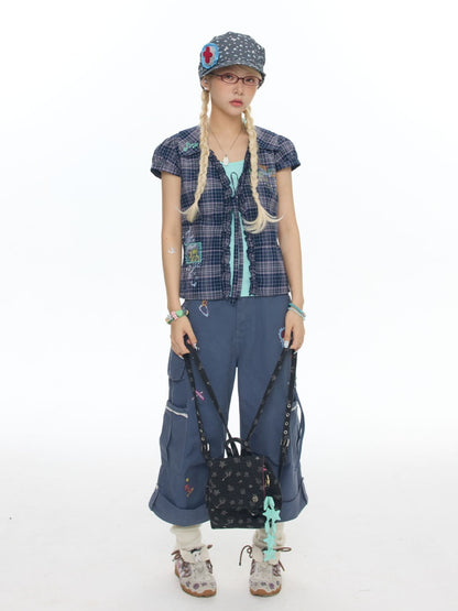 Tie-Up Rhinestone Purple Short Sleeved Gingham Shirt【s0000017780】