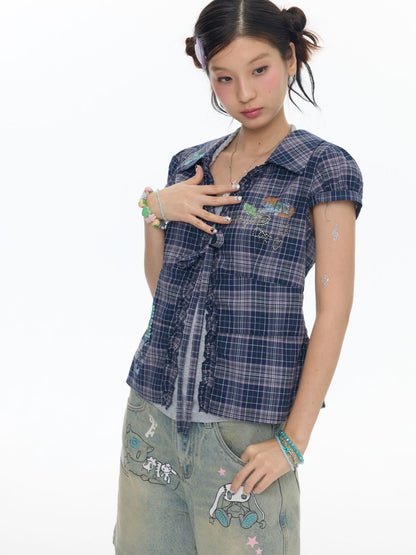 Tie-Up Rhinestone Purple Short Sleeved Gingham Shirt【s0000017780】