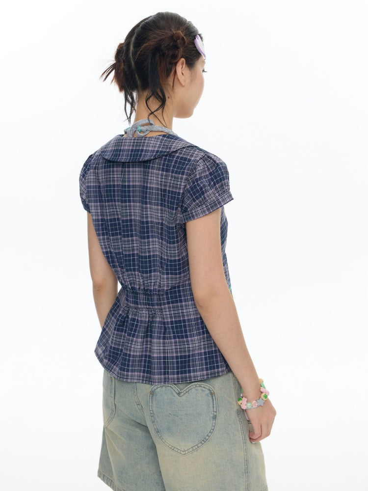 Tie-Up Rhinestone Purple Short Sleeved Gingham Shirt【s0000017780】