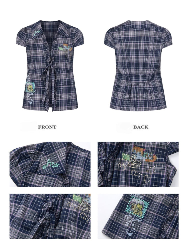 Tie-Up Rhinestone Purple Short Sleeved Gingham Shirt【s0000017780】