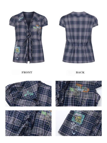 Tie-Up Rhinestone Purple Short Sleeved Gingham Shirt【s0000017780】