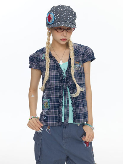 Tie-Up Rhinestone Purple Short Sleeved Gingham Shirt【s0000017780】