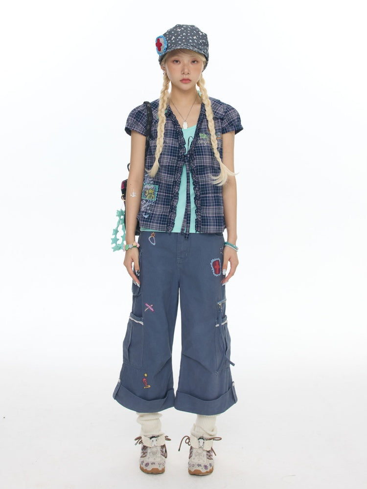 Tie-Up Rhinestone Purple Short Sleeved Gingham Shirt【s0000017780】