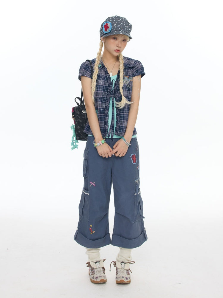Tie-Up Rhinestone Purple Short Sleeved Gingham Shirt【s0000017780】