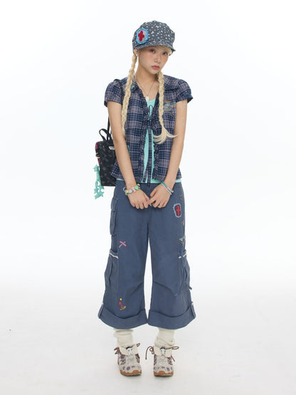 Tie-Up Rhinestone Purple Short Sleeved Gingham Shirt【s0000017780】