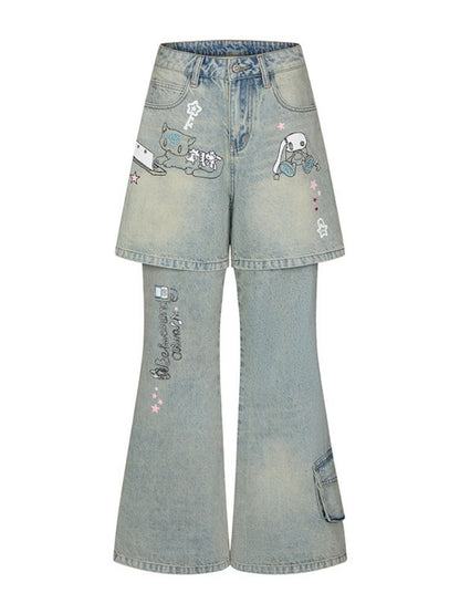 Fake Two-Piece Printed Rhinestone Slimming Washed Pants【s0000017781】