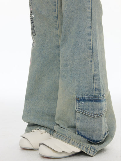 Fake Two-Piece Printed Rhinestone Slimming Washed Pants【s0000017781】