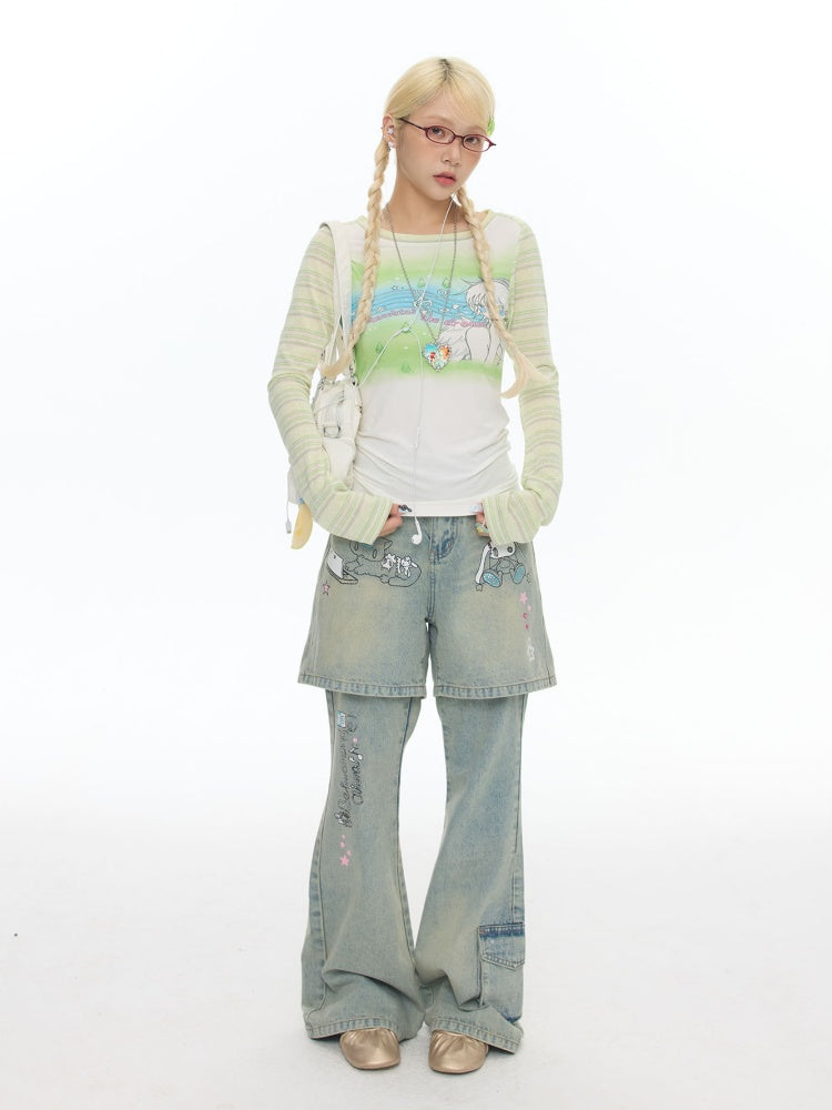 Fake Two-Piece Printed Rhinestone Slimming Washed Pants【s0000017781】