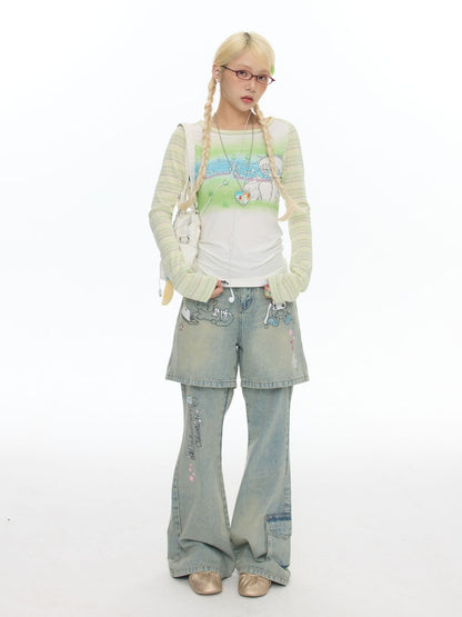 Fake Two-Piece Printed Rhinestone Slimming Washed Pants【s0000017781】