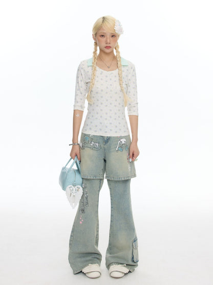 Fake Two-Piece Printed Rhinestone Slimming Washed Pants【s0000017781】