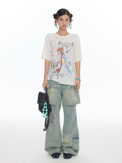 Fake Two-Piece Printed Rhinestone Slimming Washed Pants【s0000017781】