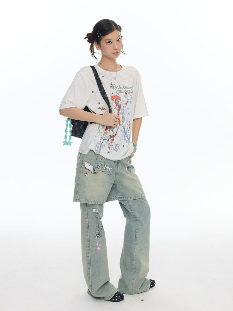 Fake Two-Piece Printed Rhinestone Slimming Washed Pants【s0000017781】