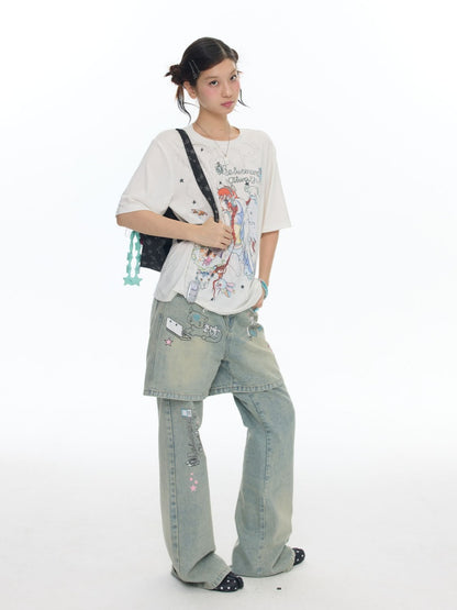 Fake Two-Piece Printed Rhinestone Slimming Washed Pants【s0000017781】