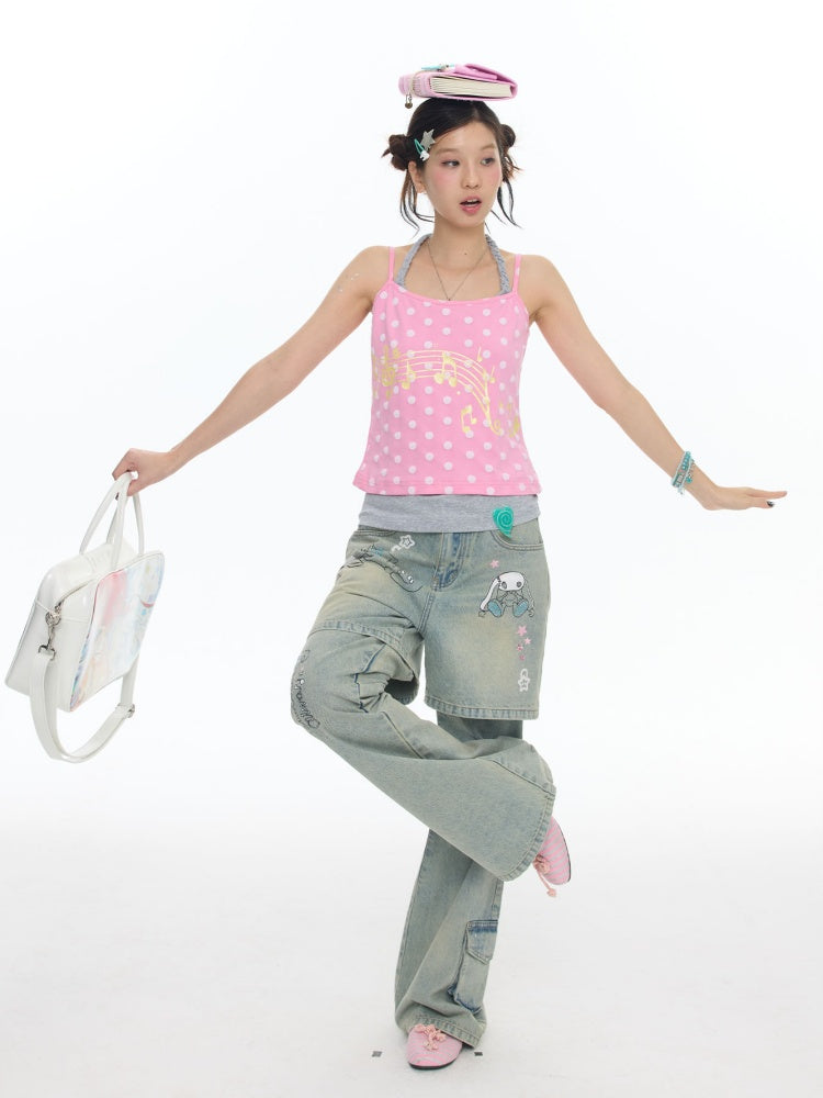 Fake Two-Piece Printed Rhinestone Slimming Washed Pants【s0000017781】